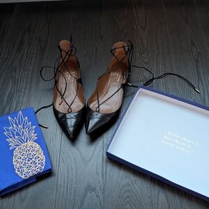 Aquazzura Christy Lace-Up Flats - Black Nappa Leather - Size 38 - w/ Box